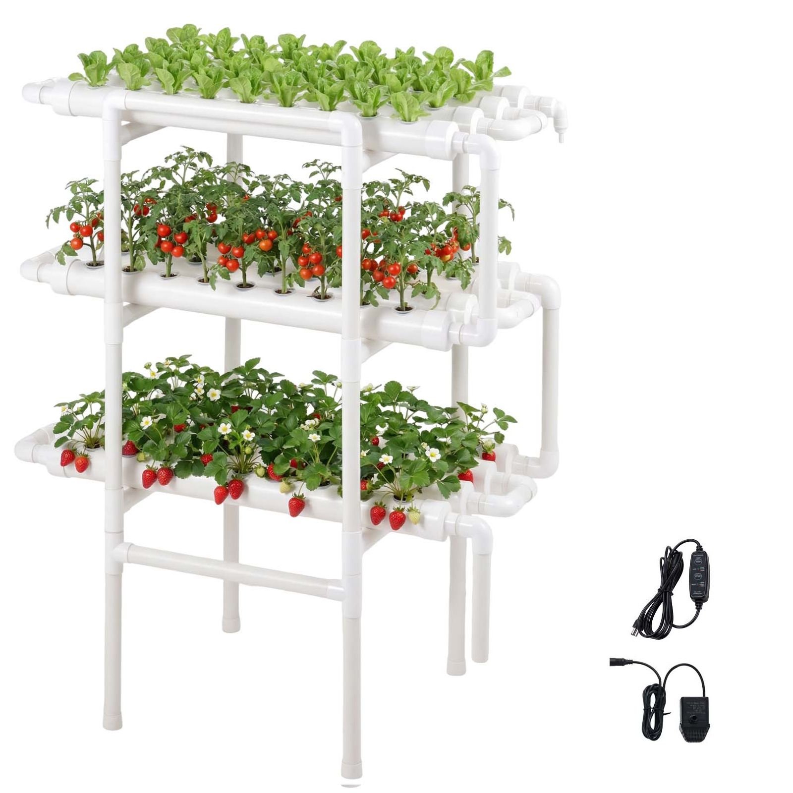 hydroponics growing system kit, 3 tier 108 sites upvc pipe hydroponic grow kit with timed irrigation, sun & light blocking pipes, indoor home garden vegetable planting grow kits for fruit herb