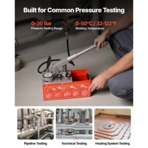hydrostatic test pump 1.6 gallon hydraulic manual water pressure tester, dual valve hydrostatic water pipe leakage pressure test pump kit with gauge & tank, 0 30 bar range, for pipeline heating