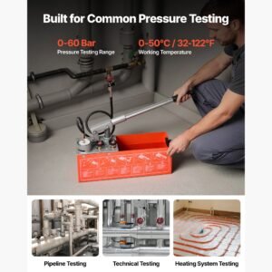 hydrostatic test pump 2 gallon hydraulic manual water pressure tester, dual valve hydrostatic water pipe leakage pressure test pump kit with gauge & tank, 0 60 bar range, for pipeline, heating