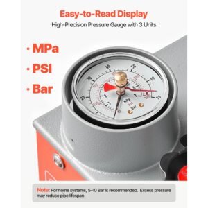 hydrostatic test pump 2 gallon hydraulic manual water pressure tester, dual valve hydrostatic water pipe leakage pressure test pump kit with gauge & tank, 0 60 bar range, for pipeline, heating