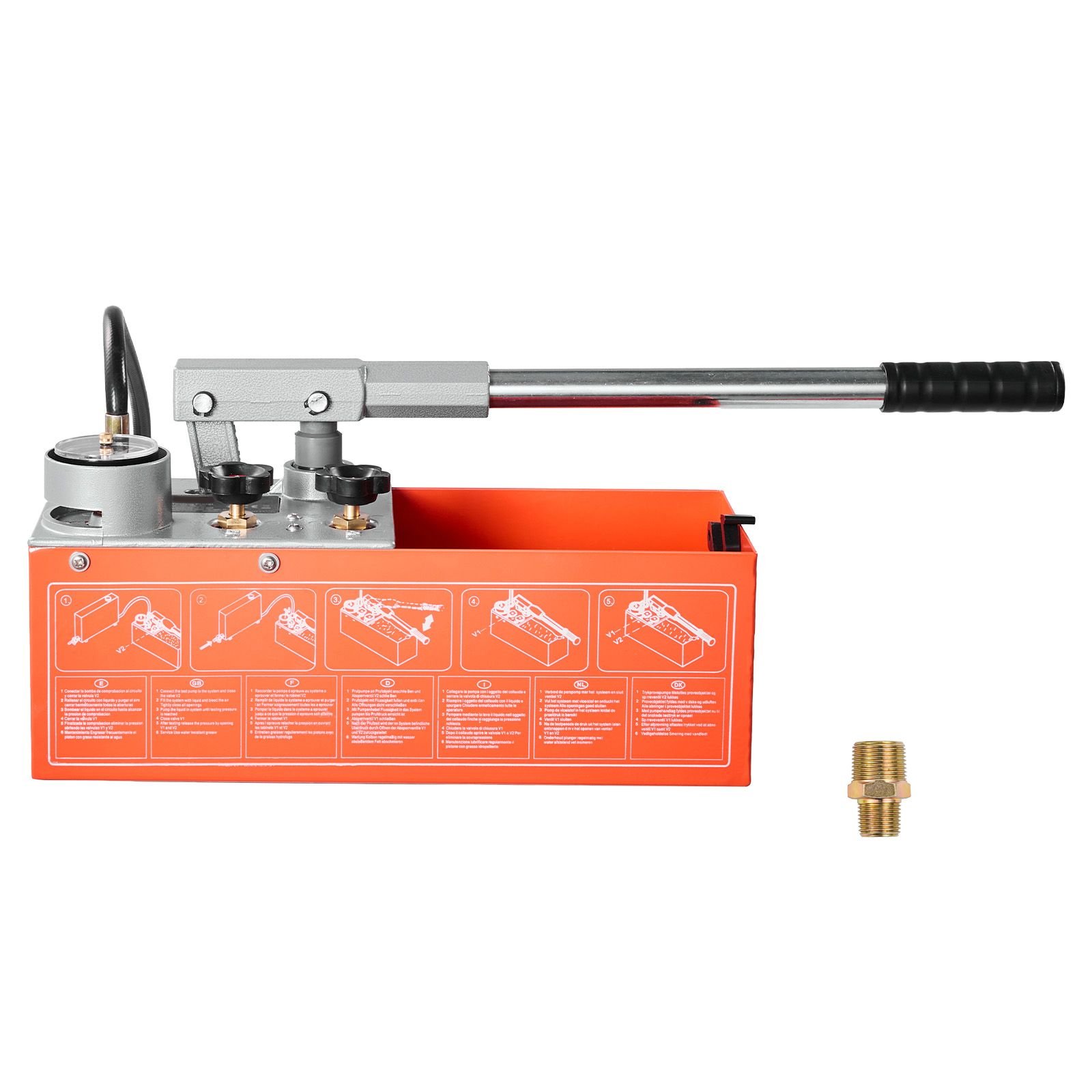 hydrostatic test pump 2 gallon hydraulic manual water pressure tester, dual valve hydrostatic water pipe leakage pressure test pump kit with gauge & tank, 0 60 bar range, for pipeline, heating