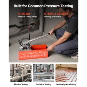 hydrostatic test pump 3 gallon hydraulic manual water pressure tester, dual valve hydrostatic water pipe leakage pressure test pump kit with gauge & tank, 0 50 bar range, for pipeline, heating