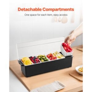 ice cooled condiment serving container, 6 compartments chilled server, fruit veggie condiment caddy, plastic garnish station lid dispenser tray, for bartending & serving taco restaurant supplies
