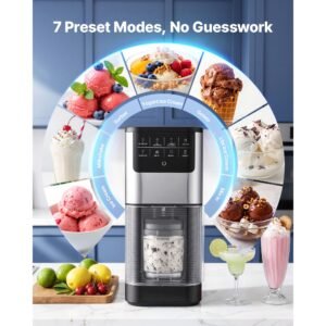 ice cream maker, 7 in 1 frozen treat maker for gelato, sorbet, milkshake, frozen yogurt & lite ice cream, homemade ice cream machine with one touch mix in + respin for smooth, creamy texture