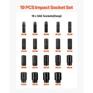 impact socket set, 1/2" 19 piece impact sockets, deep socket, 6 point sockets, 1/2" drive set 3/8" to 1 1/2", cr v rugged construction, easy to identify, with a sturdy storage case, for vehicles
