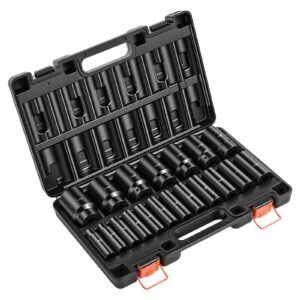 Impact Socket Set, 1/2" 19 Piece Impact Sockets, Deep Socket, 6-Point Sockets, 1/2" Drive Set 3/8" to 1-1/2", Cr-V Rugged Construction, Easy to Identify, with a Sturdy Storage Case, for Vehicles