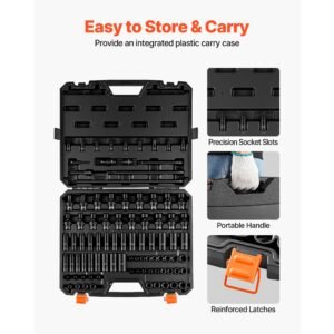 impact socket set, 3/8" drive, 90 piece socket set, 6 point sockets, sae 1/4" 3/4" and metric 6 19 mm, easy to identify, with adapters, sturdy storage case, cr mo alloy steel for vehicles repair