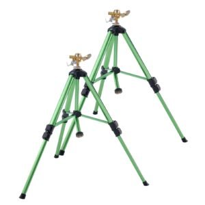 impact sprinkler on tripod base, 2 packs, heavy duty tripod sprinklers with brass head & 3/4"nh connector, 360 degree large area irrigation sprinkler, adjustable heights sprinkler for yard