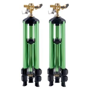impact sprinkler on tripod base, 2 packs, heavy duty tripod sprinklers with brass head & 3/4"nh connector, 360 degree large area irrigation sprinkler, adjustable heights sprinkler for yard