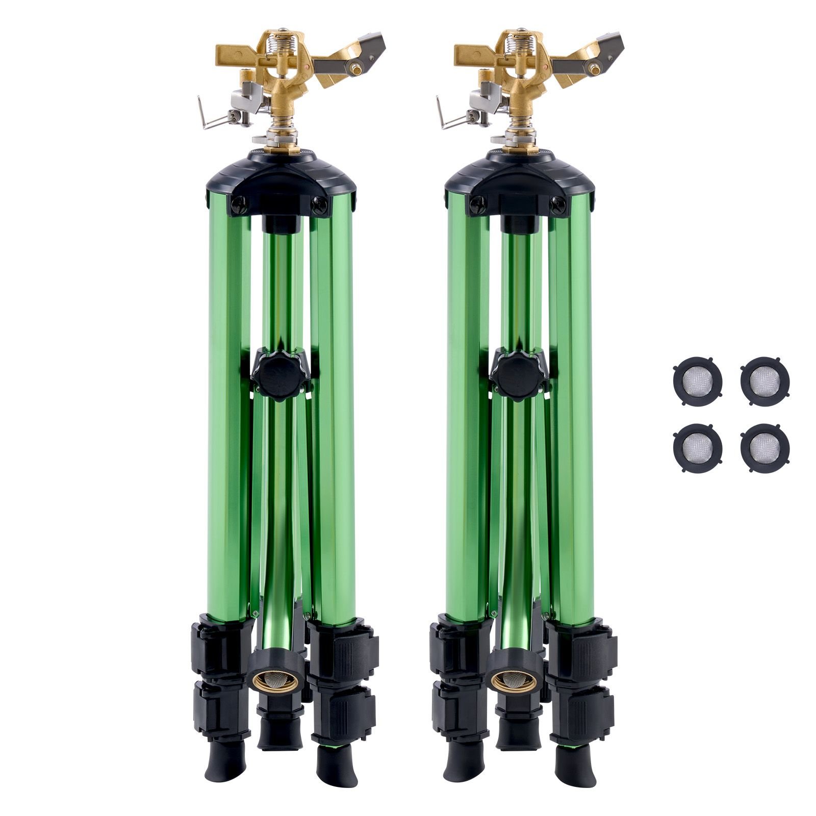 impact sprinkler on tripod base, 2 packs, heavy duty tripod sprinklers with brass head & 3/4"nh connector, 360 degree large area irrigation sprinkler, adjustable heights sprinkler for yard