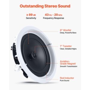 in ceiling speakers, 8", in ceiling & in wall speaker system, hi fi sound, 150w peak, 2 way flush mount speakers, for damp humid placement, home theater, living room, or covered patio, 1 pair