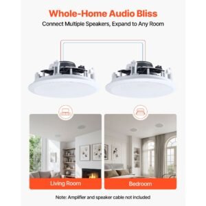 in ceiling speakers, 8", in ceiling & in wall speaker system, hi fi sound, 150w peak, 2 way flush mount speakers, for damp humid placement, home theater, living room, or covered patio, 1 pair