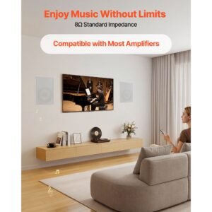 in wall speakers, 8", in wall speaker system with paintable grille, hi fi sound, 200w peak, 2 way rectangular speakers, for damp humid indoor placement, bath, kitchen, covered porches, 1 pair
