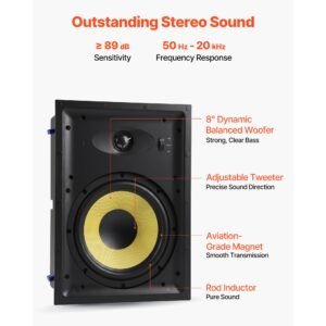 in wall speakers, 8", in wall speaker system with paintable grille, hi fi sound, 200w peak, 2 way rectangular speakers, for damp humid indoor placement, bath, kitchen, covered porches, 1 pair