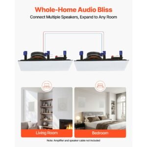 in wall speakers, 8", in wall speaker system with paintable grille, hi fi sound, 200w peak, 2 way rectangular speakers, for damp humid indoor placement, bath, kitchen, covered porches, 1 pair