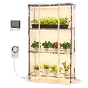 Indoor Greenhouse with Grow Light, 59 in Tall 4-Tier Plant Stand with Clear Cover, Timer & Hygrometer, 180W Full Spectrum Grow Lights, Metal Lighted Plants Shelf Holder for Indoor Plants