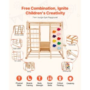 indoor jungle gym, 7 in 1 toddler indoor playground, 47.2 x 58 x 56 inch, with wood and rope ladder, net ladder, swing, monkey bar, slide, climbing wall, wooden indoor climbing toys for kids