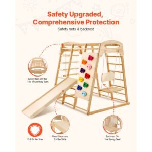 indoor jungle gym, 7 in 1 toddler indoor playground, 47.2 x 58 x 56 inch, with wood and rope ladder, net ladder, swing, monkey bar, slide, climbing wall, wooden indoor climbing toys for kids