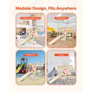 indoor jungle gym, 7 in 1 toddler indoor playground, 47.2 x 58 x 56 inch, with wood and rope ladder, net ladder, swing, monkey bar, slide, climbing wall, wooden indoor climbing toys for kids