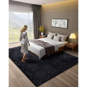 indoor plush area rugs, 8 x 10 ft soft plush carpet, furry shag area rugs for living room, bedroom, sunroom, modern home decor aesthetic, non shedding, non woven, slip resistant, black