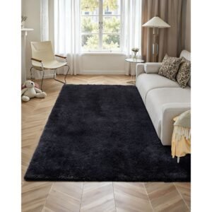 indoor plush area rugs, 8 x 10 ft soft plush carpet, furry shag area rugs for living room, bedroom, sunroom, modern home decor aesthetic, non shedding, non woven, slip resistant, black