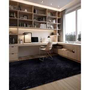 indoor plush area rugs, 8 x 10 ft soft plush carpet, furry shag area rugs for living room, bedroom, sunroom, modern home decor aesthetic, non shedding, non woven, slip resistant, black