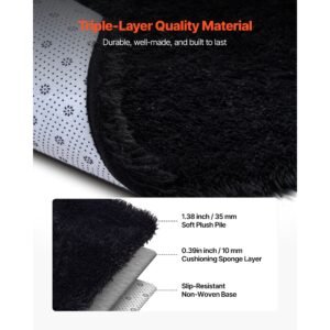 indoor plush area rugs, 8 x 10 ft soft plush carpet, furry shag area rugs for living room, bedroom, sunroom, modern home decor aesthetic, non shedding, non woven, slip resistant, black