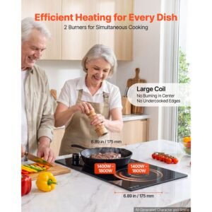 induction cooktop 12inch 2 burners built in electric stove 110v 1800w, countertop induction burner, with 11 power levels, knob control, ceramic glass surface, child lock, for kitchen, rv