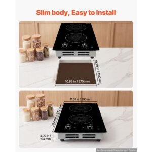 induction cooktop 12inch 2 burners built in electric stove 110v 1800w, countertop induction burner, with 11 power levels, knob control, ceramic glass surface, child lock, for kitchen, rv