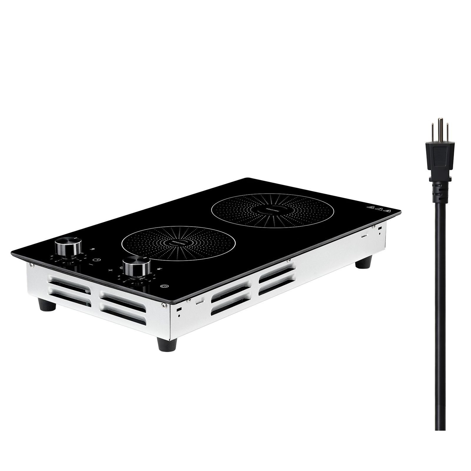 induction cooktop 12inch 2 burners built in electric stove 110v 1800w, countertop induction burner, with 11 power levels, knob control, ceramic glass surface, child lock, for kitchen, rv