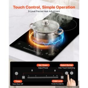 induction cooktop 12inch 2 burners built in electric stove 110v 1800w, countertop induction burner, with 9 power levels, led touch screen, ceramic glass surface, child lock, for kitchen, rv