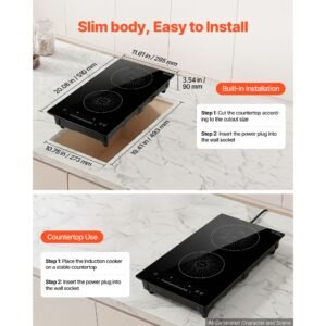 induction cooktop 12inch 2 burners built in electric stove 110v 1800w, countertop induction burner, with 9 power levels, led touch screen, ceramic glass surface, child lock, for kitchen, rv