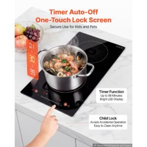 induction cooktop 12inch 2 burners built in electric stove 110v 1800w, countertop induction burner, with 9 power levels, led touch screen, ceramic glass surface, child lock, for kitchen, rv