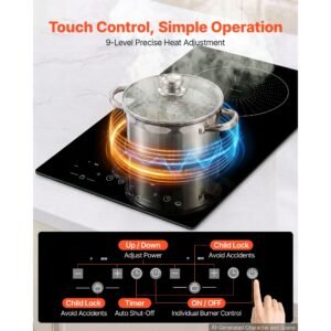 induction cooktop 12inch 2 burners built in electric stove 110v 1800w, countertop induction burner, with 9 power levels, led touch screen, ceramic glass surface, child lock, for kitchen, rv