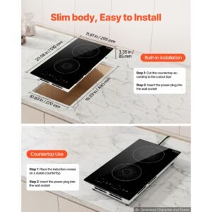 induction cooktop 12inch 2 burners built in electric stove 110v 1800w, countertop induction burner, with 9 power levels, led touch screen, ceramic glass surface, child lock, for kitchen, rv