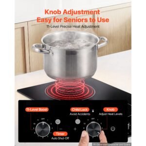induction cooktop 12inch 2 burners built in electric stove 220v 3500w, induction burner for kitchen, with 11 power levels, knob control, ceramic glass surface, child lock