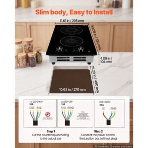 induction cooktop 12inch 2 burners built in electric stove 220v 3500w, induction burner for kitchen, with 11 power levels, knob control, ceramic glass surface, child lock