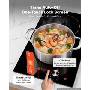 induction cooktop 12inch 2 burners built in electric stove 220v 3500w, induction burner for kitchen, with 11 power levels, knob control, ceramic glass surface, child lock