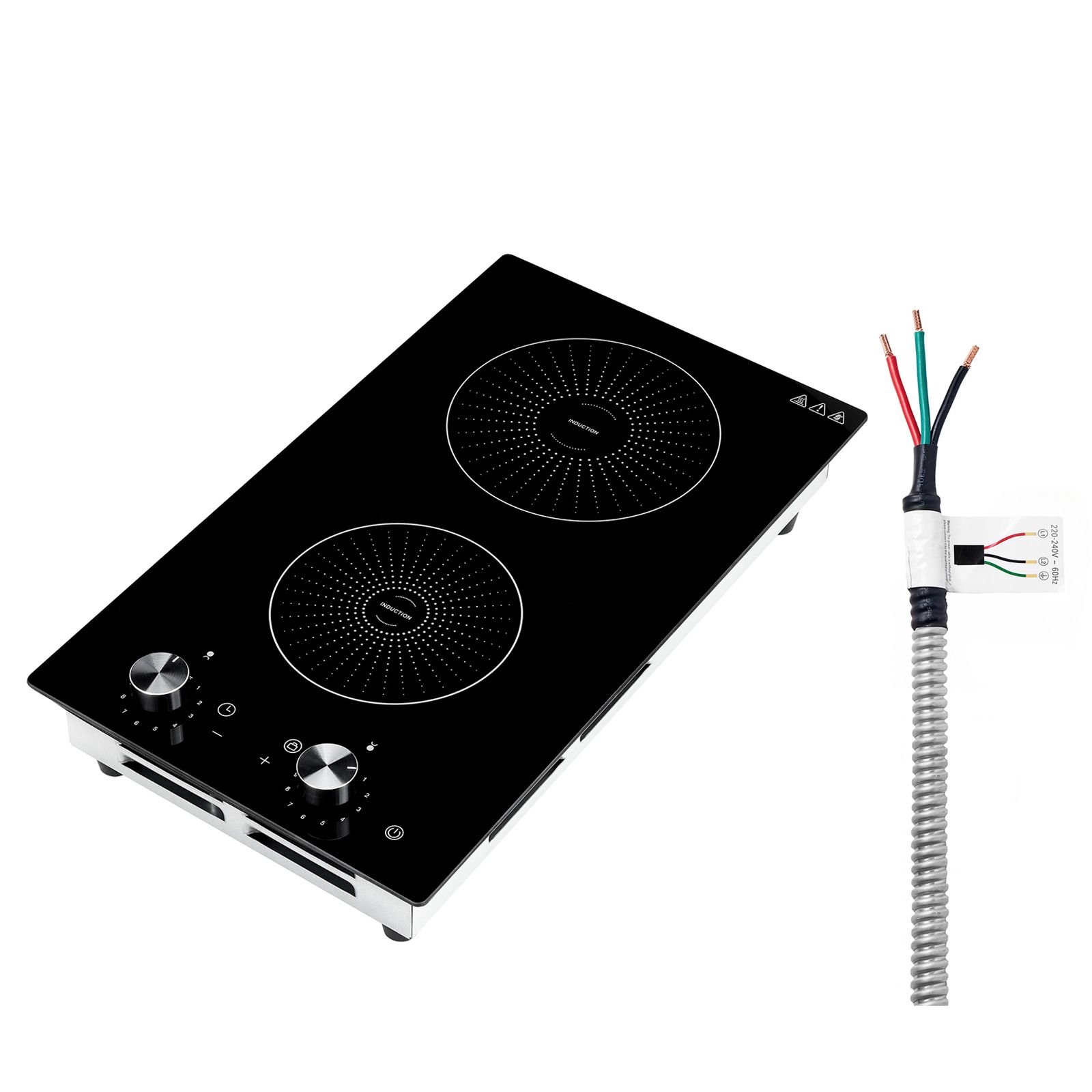 induction cooktop 12inch 2 burners built in electric stove 220v 3500w, induction burner for kitchen, with 11 power levels, knob control, ceramic glass surface, child lock
