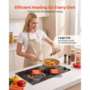 induction cooktop 24inch 2 burners built in electric stove 110v 1800w, countertop induction burner, with 9 power levels, led touch screen, ceramic glass surface, child lock, for kitchen, rv