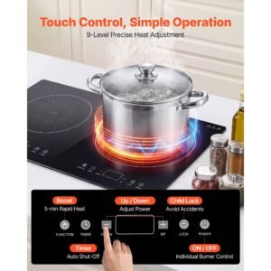 induction cooktop 24inch 2 burners built in electric stove 110v 1800w, countertop induction burner, with 9 power levels, led touch screen, ceramic glass surface, child lock, for kitchen, rv