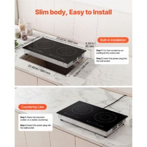 induction cooktop 24inch 2 burners built in electric stove 110v 1800w, countertop induction burner, with 9 power levels, led touch screen, ceramic glass surface, child lock, for kitchen, rv
