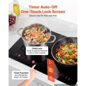 induction cooktop 24inch 2 burners built in electric stove 110v 1800w, countertop induction burner, with 9 power levels, led touch screen, ceramic glass surface, child lock, for kitchen, rv
