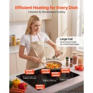 induction cooktop 30inch 5 burners built in electric stove 220v 9200w, induction burner for kitchen, with 9 power levels, led touch screen, ceramic glass surface, child lock