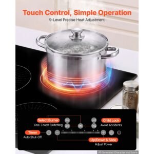 induction cooktop 30inch 5 burners built in electric stove 220v 9200w, induction burner for kitchen, with 9 power levels, led touch screen, ceramic glass surface, child lock