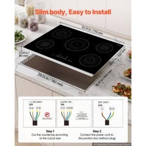 induction cooktop 30inch 5 burners built in electric stove 220v 9200w, induction burner for kitchen, with 9 power levels, led touch screen, ceramic glass surface, child lock