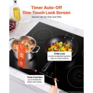 induction cooktop 30inch 5 burners built in electric stove 220v 9200w, induction burner for kitchen, with 9 power levels, led touch screen, ceramic glass surface, child lock