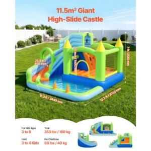 inflatable bounce house, 11.3 x 12.3 x 7.0 ft inflatable bounce house water slide, bouncer castle with castle bounces, basketball hoop, splash pool & water ring toss, for 3 to 4 kids ages 3 to 8