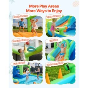 inflatable bounce house, 11.3 x 12.3 x 7.0 ft inflatable bounce house water slide, bouncer castle with castle bounces, basketball hoop, splash pool & water ring toss, for 3 to 4 kids ages 3 to 8