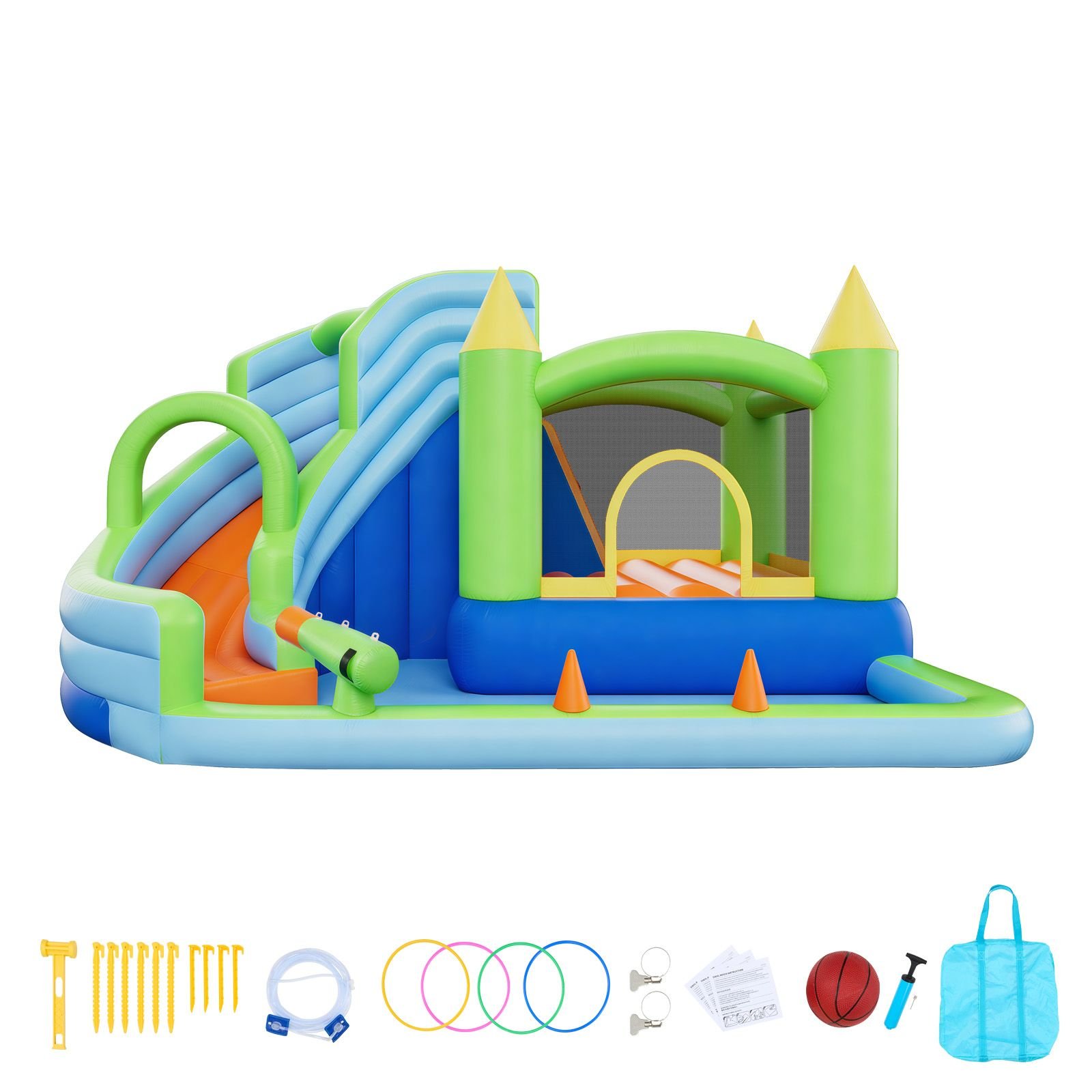 inflatable bounce house, 11.3 x 12.3 x 7.0 ft inflatable bounce house water slide, bouncer castle with castle bounces, basketball hoop, splash pool & water ring toss, for 3 to 4 kids ages 3 to 8